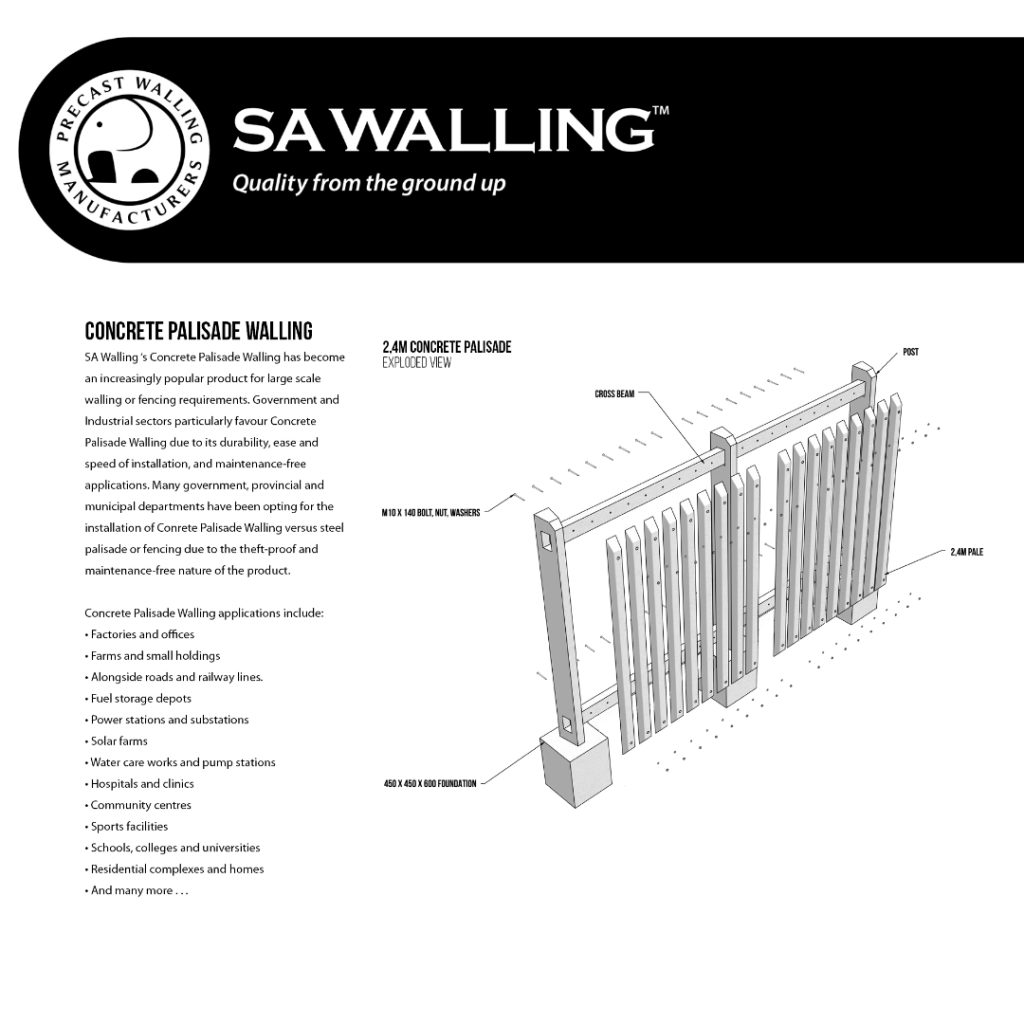 SA Walling concrete palisade specifications exploded view